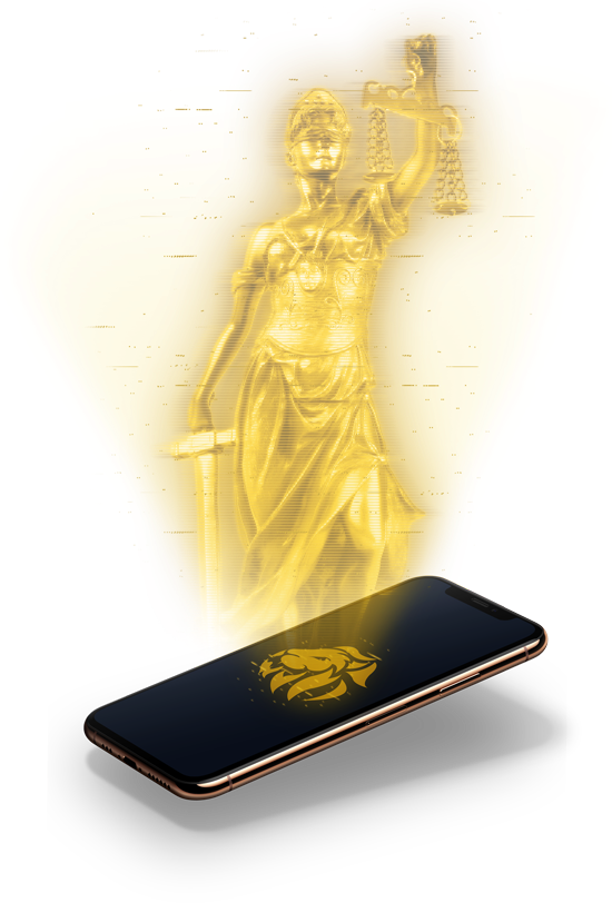 lady justice hologram comming from smartphone